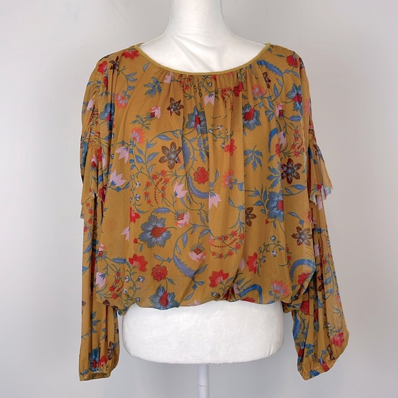 Free People Mustard Yellow Wild Flower Honey Mesh Top. Size XS/Small. - Picture 4 of 14